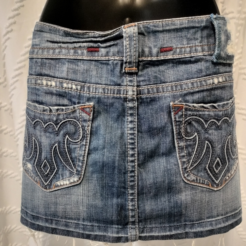 MEK Denim Y2K Distressed Hem Mini Jean Skirt embroidered back pockets 2000s EUC